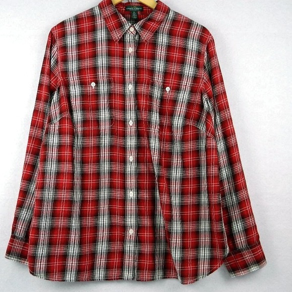LRL Lauren Jeans Co Red Plaid Roll Sleeve Flannel Ralph Lauren Women's 1X - Picture 1 of 7